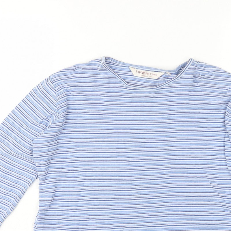 EWM Women Blue White Striped Cotton Jersey Long Sleeve T-Shirt UK 14