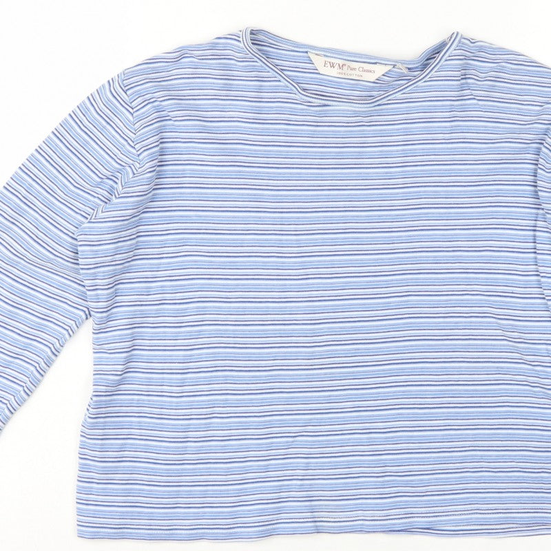 EWM Women Blue White Striped Cotton Jersey Long Sleeve T-Shirt UK 14
