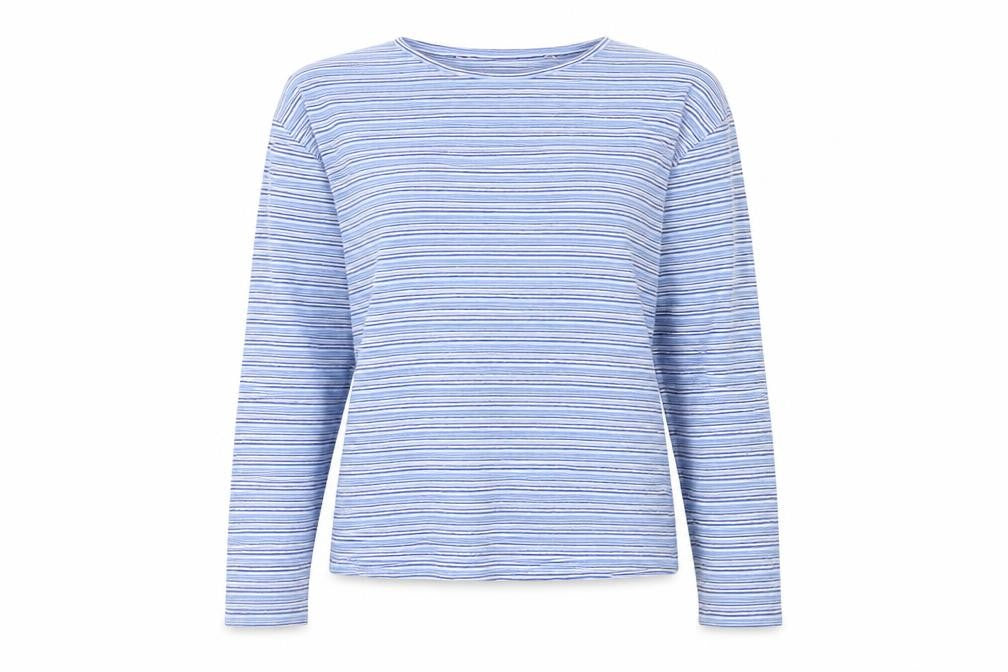 EWM Women Blue White Striped Cotton Jersey Long Sleeve T-Shirt UK 14