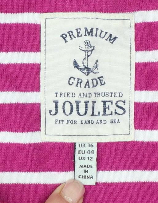Joules Women Pink White Striped UK 16 Basic Boat Neck Long Sleeve T-Shirt