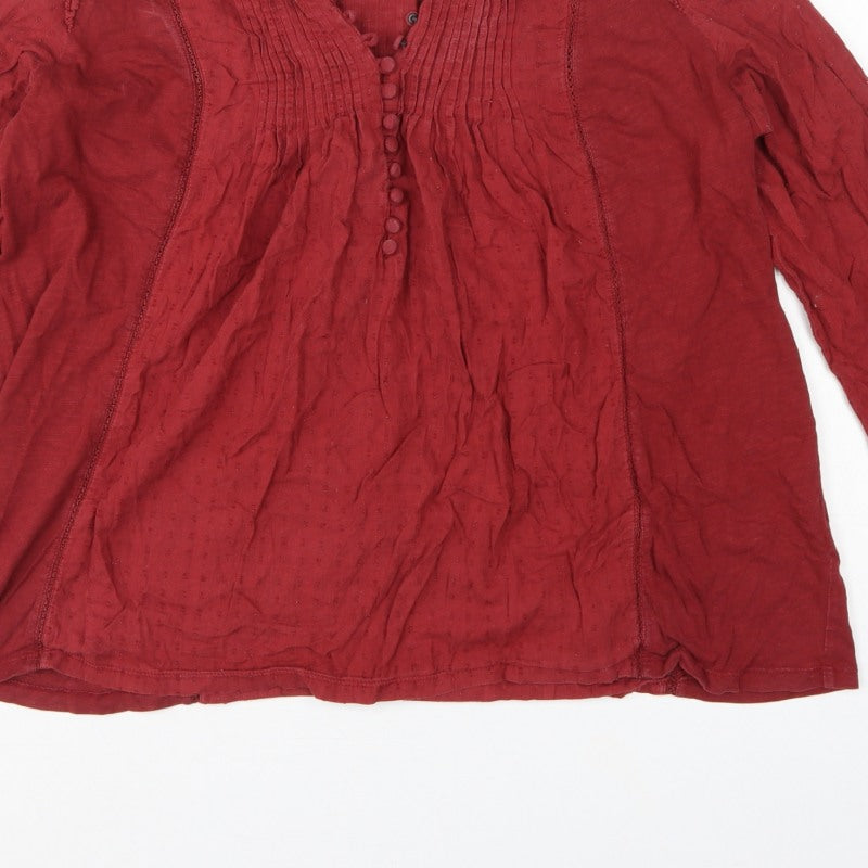 FatFace Women's Red UK 14 Cotton Pintuck Button Tunic Blouse