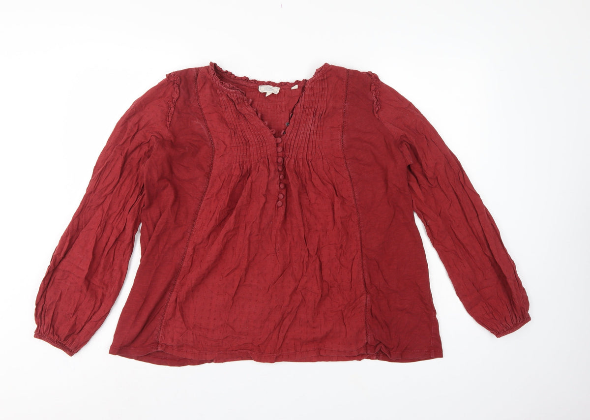 FatFace Women's Red UK 14 Cotton Pintuck Button Tunic Blouse