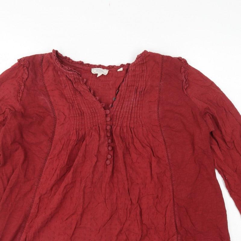 FatFace Women's Red UK 14 Cotton Pintuck Button Tunic Blouse