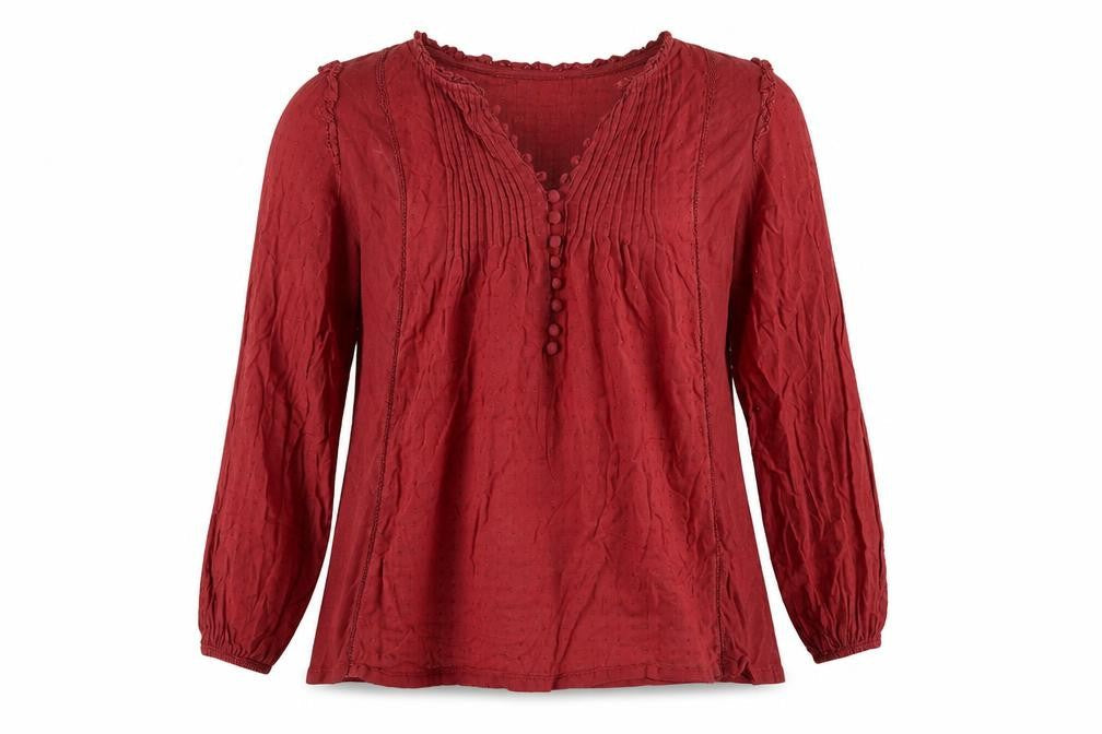 FatFace Women's Red UK 14 Cotton Pintuck Button Tunic Blouse