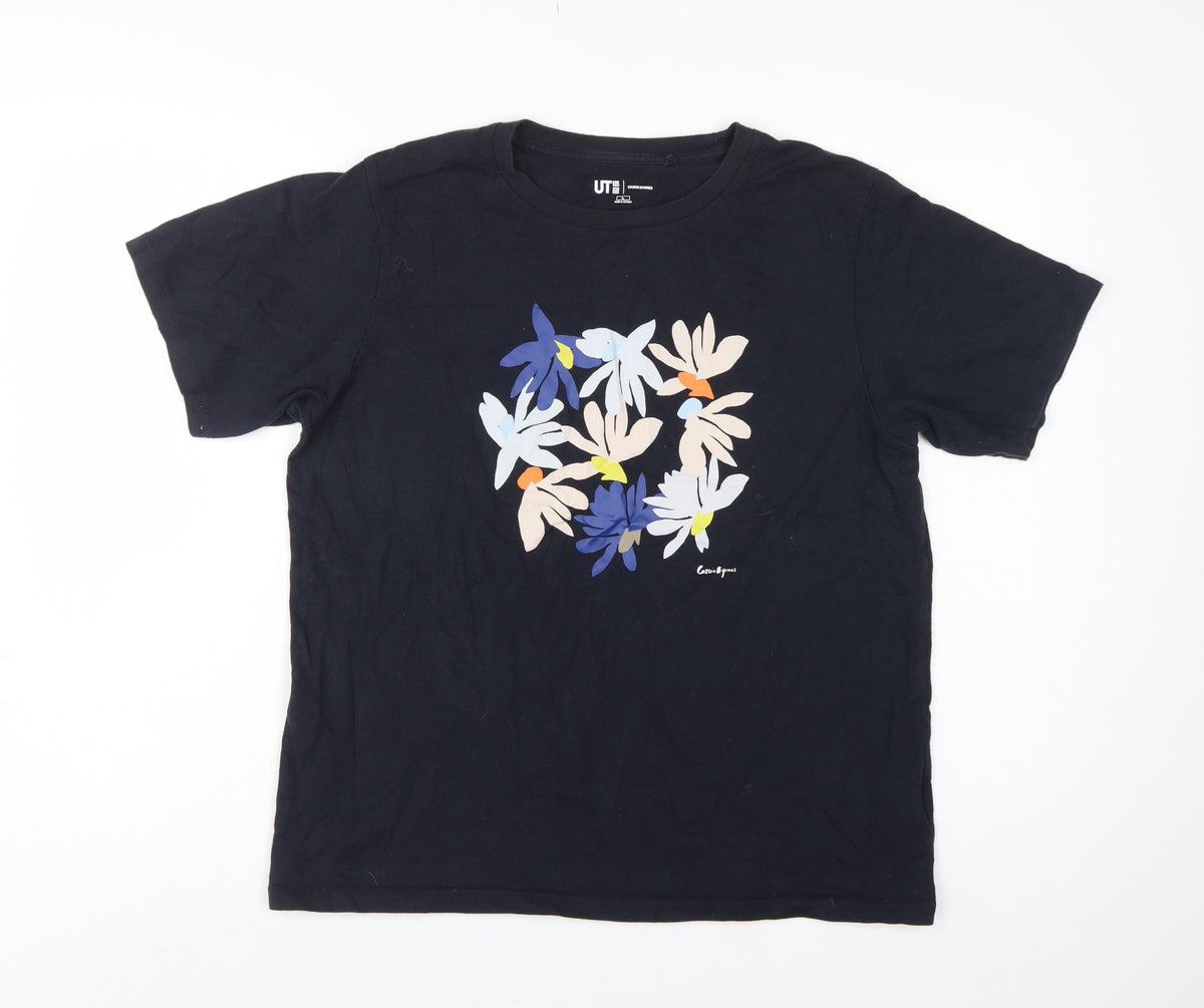 Uniqlo UT Women Black L Cassie Byrnes Floral Cotton Graphic T-Shirt