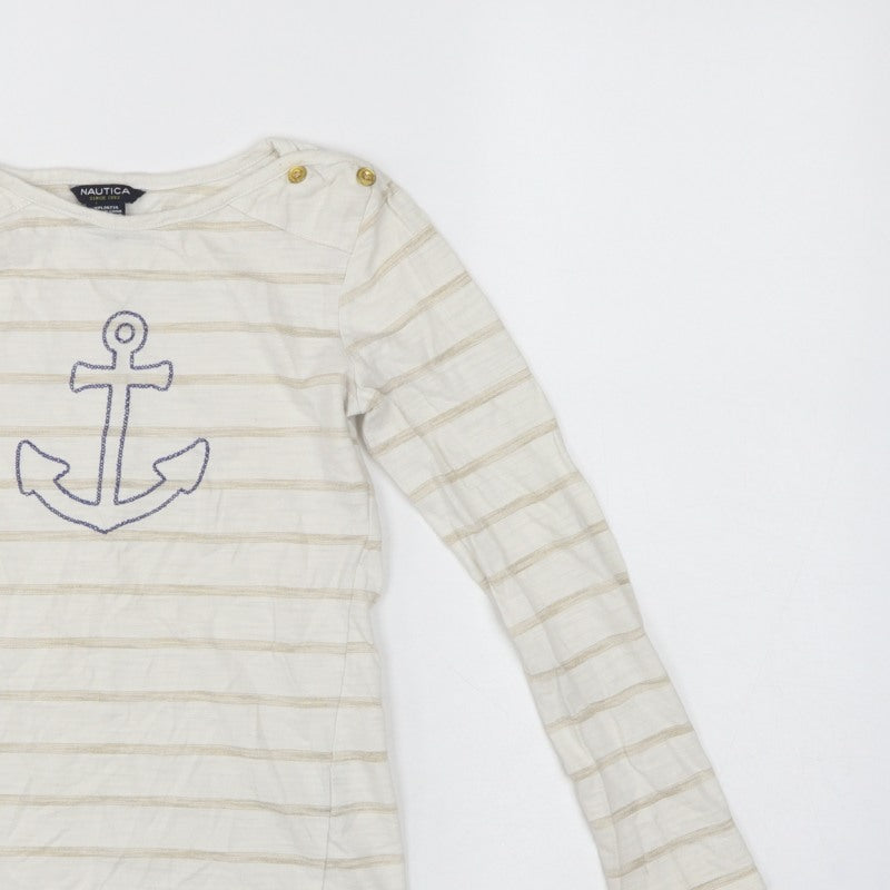 Nautica Girls Ivory Striped Anchor Long Sleeve Basic T-Shirt Size 8 Years