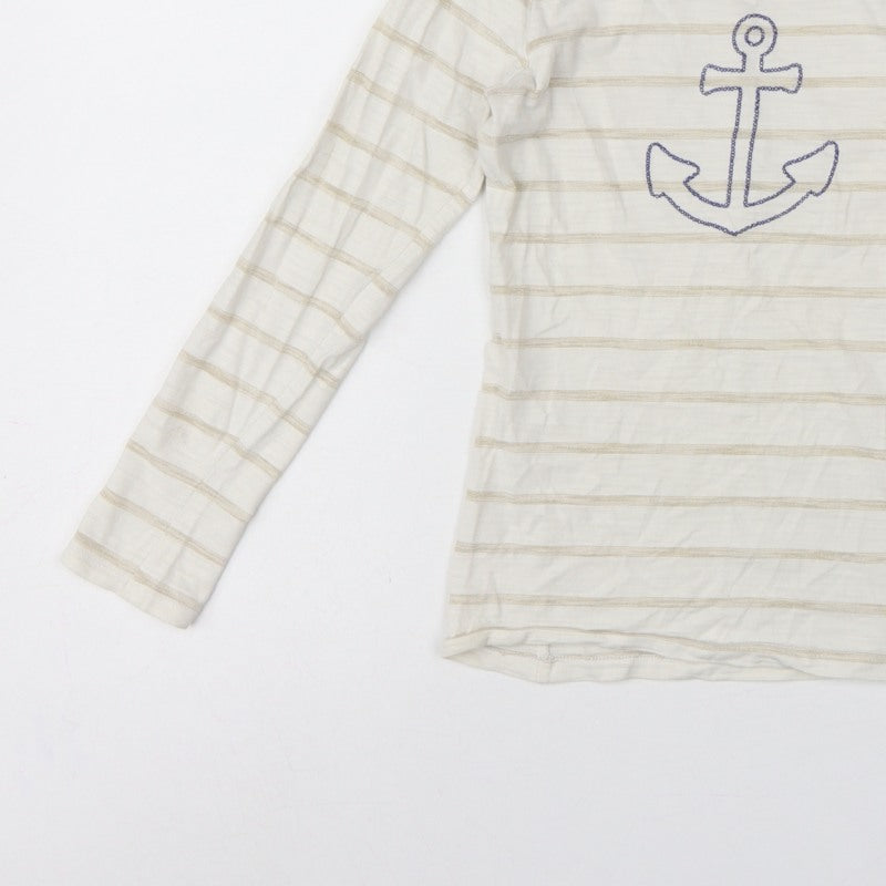 Nautica Girls Ivory Striped Anchor Long Sleeve Basic T-Shirt Size 8 Years