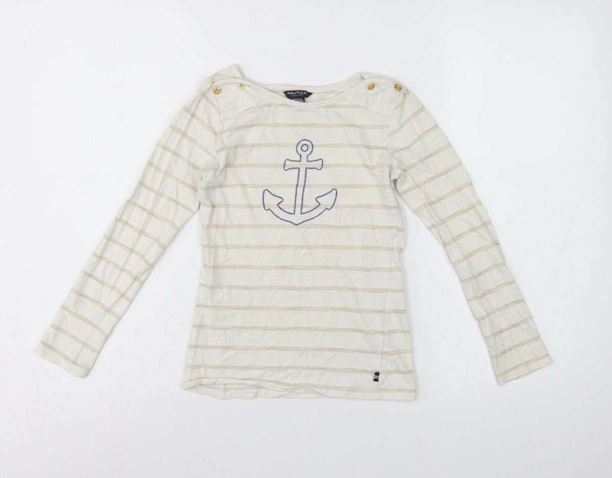 Nautica Girls Ivory Striped Anchor Long Sleeve Basic T-Shirt Size 8 Years