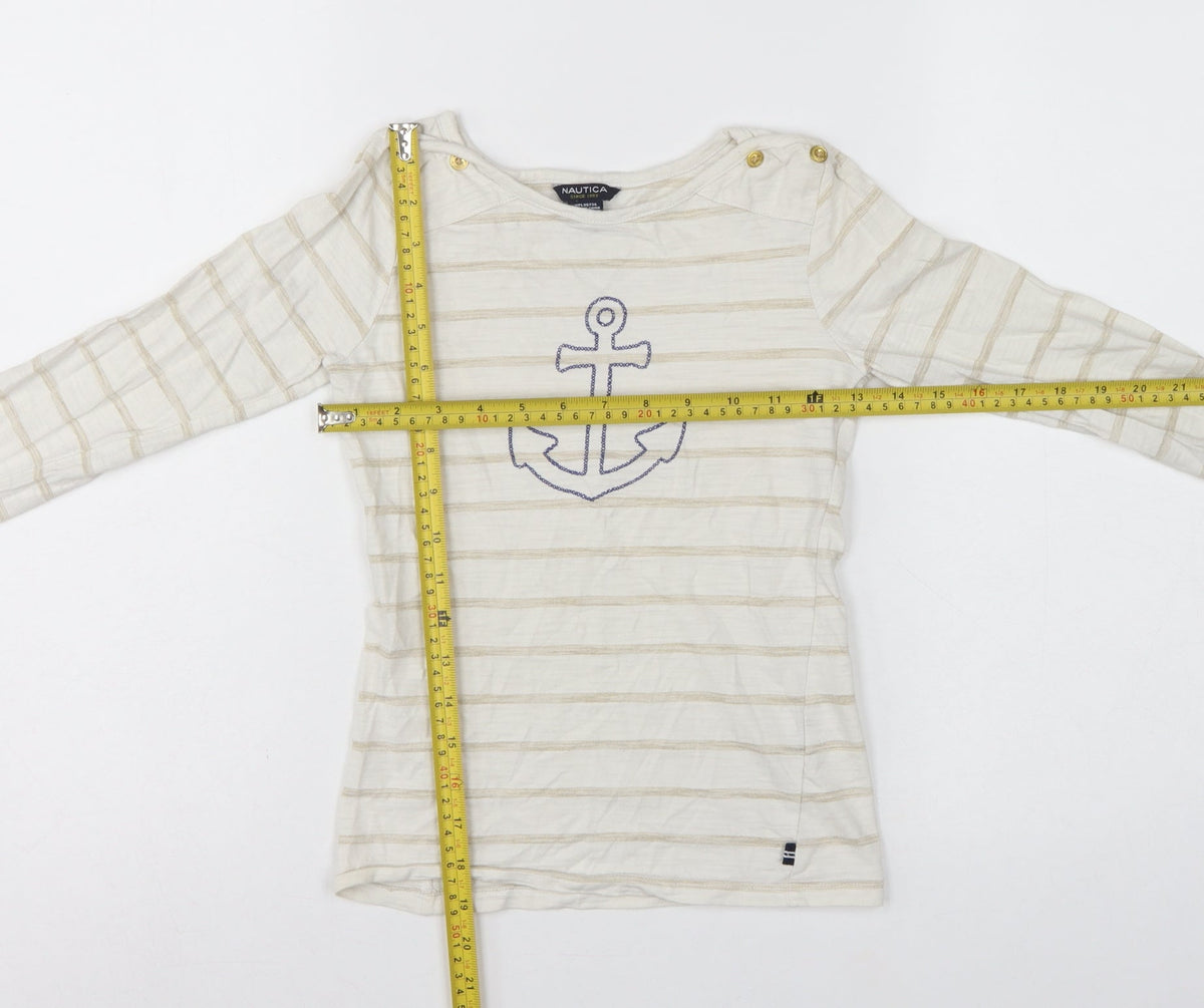 Nautica Girls Ivory Striped Anchor Long Sleeve Basic T-Shirt Size 8 Years