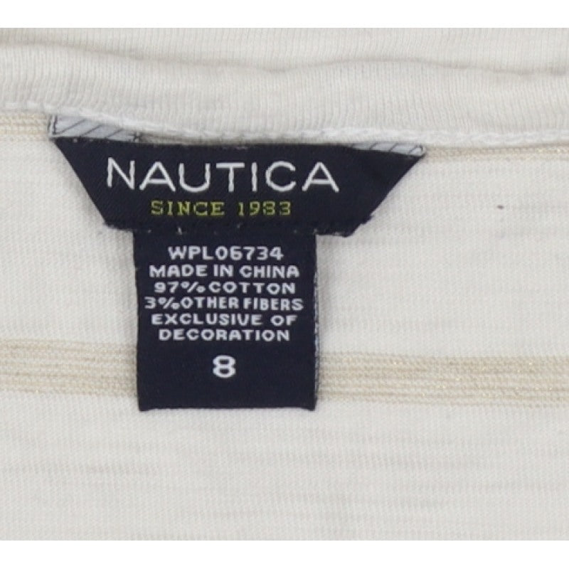 Nautica Girls Ivory Striped Anchor Long Sleeve Basic T-Shirt Size 8 Years