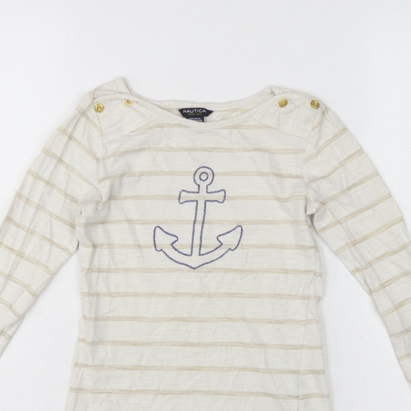 Nautica Girls Ivory Striped Anchor Long Sleeve Basic T-Shirt Size 8 Years