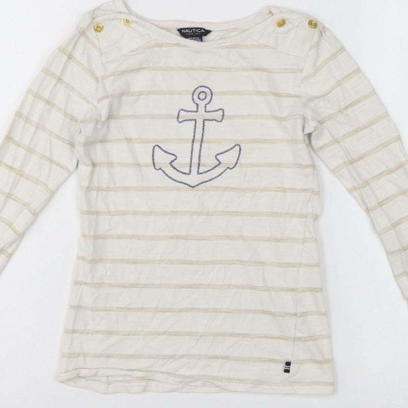Nautica Girls Ivory Striped Anchor Long Sleeve Basic T-Shirt Size 8 Years