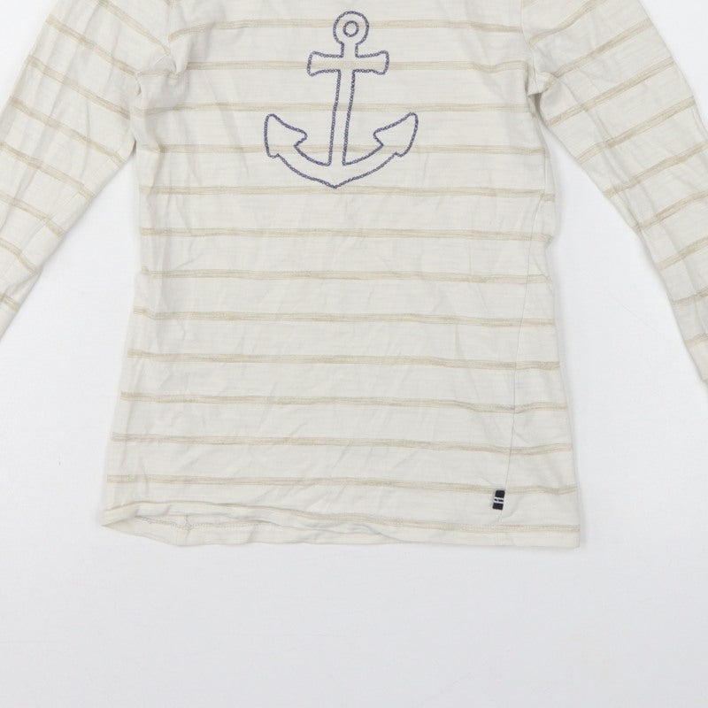 Nautica Girls Ivory Striped Anchor Long Sleeve Basic T-Shirt Size 8 Years