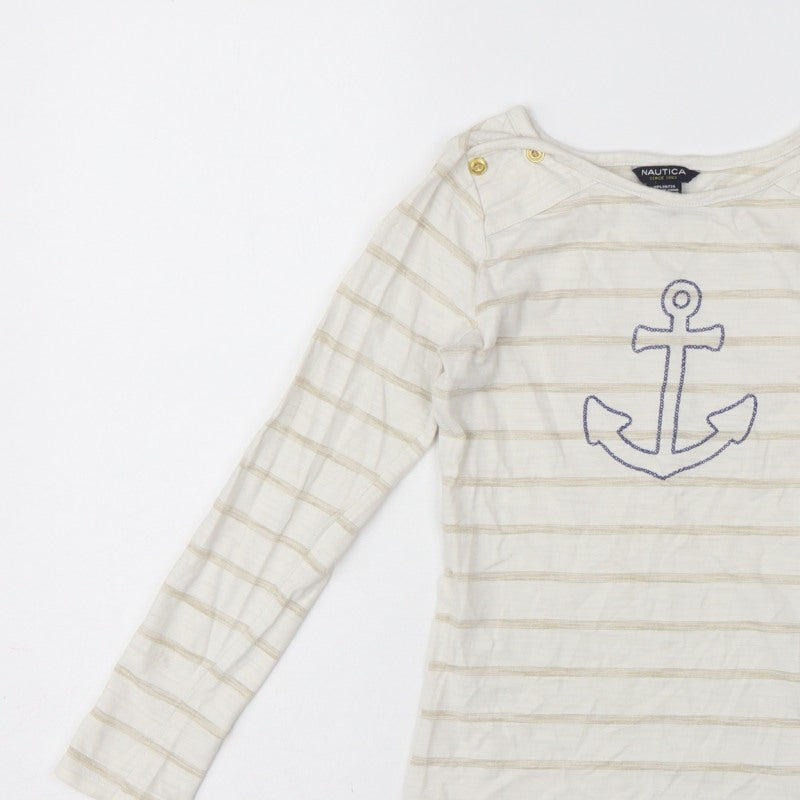 Nautica Girls Ivory Striped Anchor Long Sleeve Basic T-Shirt Size 8 Years