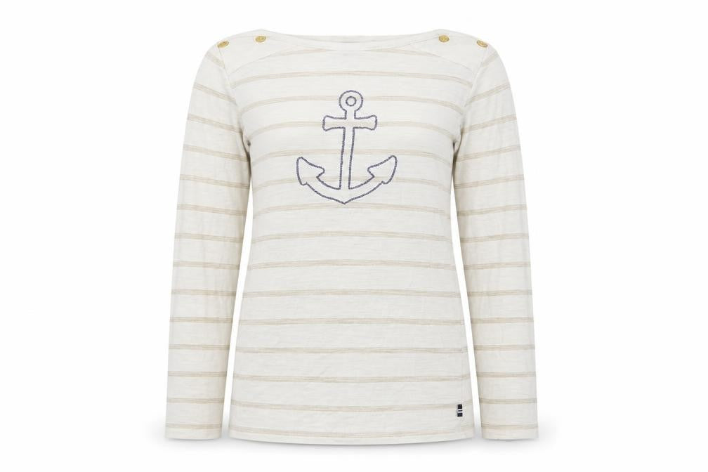Nautica Girls Ivory Striped Anchor Long Sleeve Basic T-Shirt Size 8 Years