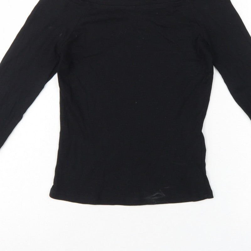 Monki Women Black M Ribbed Long Sleeve Slim T-Shirt Stretch Basic