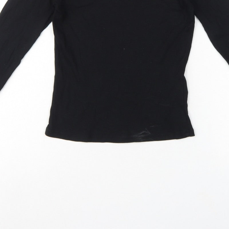 Monki Women Black M Ribbed Long Sleeve Slim T-Shirt Stretch Basic