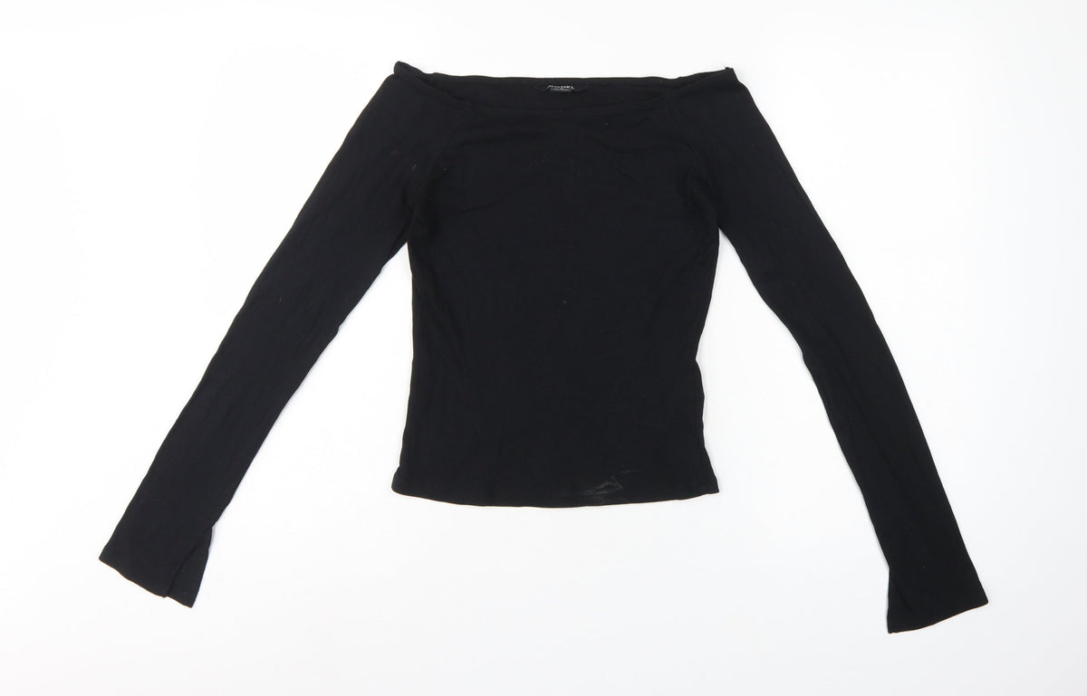 Monki Women Black M Ribbed Long Sleeve Slim T-Shirt Stretch Basic