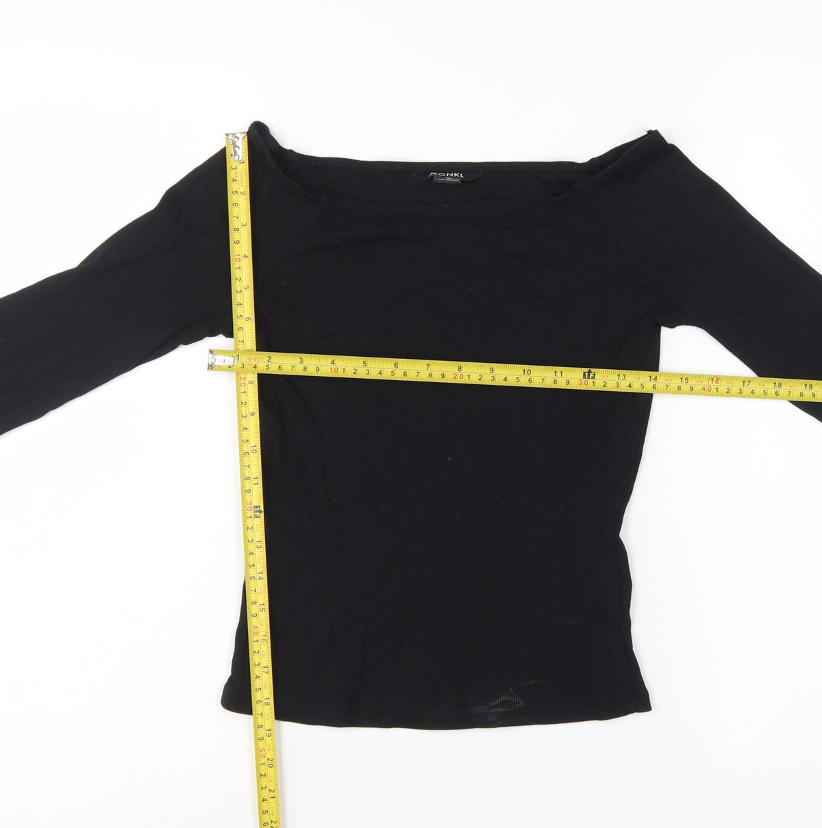 Monki Women Black M Ribbed Long Sleeve Slim T-Shirt Stretch Basic
