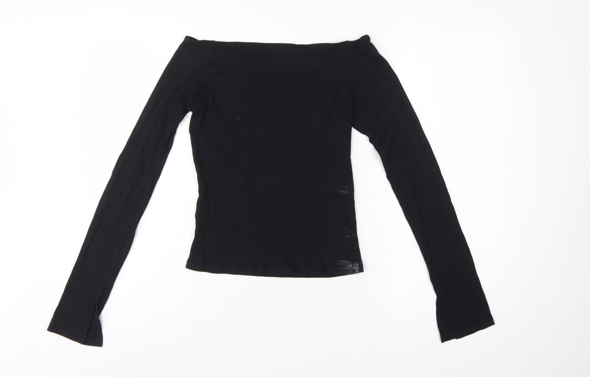 Monki Women Black M Ribbed Long Sleeve Slim T-Shirt Stretch Basic