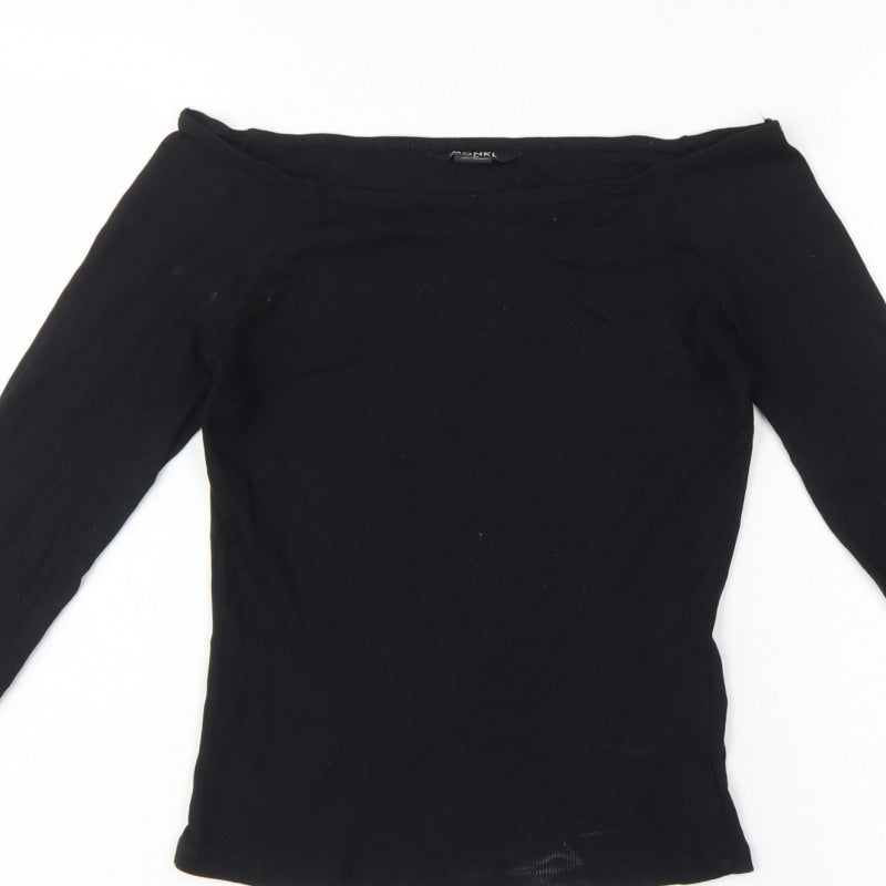 Monki Women Black M Ribbed Long Sleeve Slim T-Shirt Stretch Basic