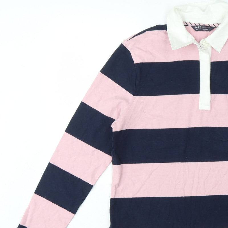 Marks and Spencer Women Pink Navy Stripe Rugby Polo Top UK 10 Long Sleeve