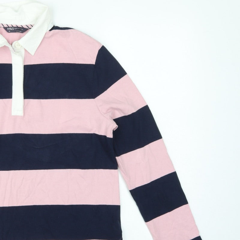 Marks and Spencer Women Pink Navy Stripe Rugby Polo Top UK 10 Long Sleeve