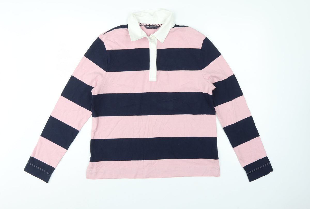 Marks and Spencer Women Pink Navy Stripe Rugby Polo Top UK 10 Long Sleeve