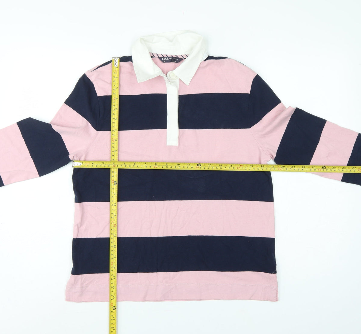 Marks and Spencer Women Pink Navy Stripe Rugby Polo Top UK 10 Long Sleeve