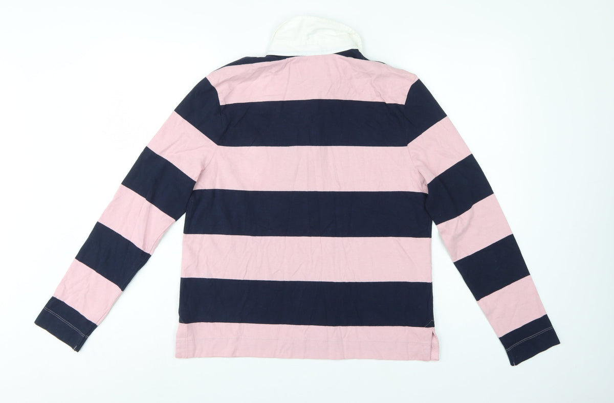Marks and Spencer Women Pink Navy Stripe Rugby Polo Top UK 10 Long Sleeve