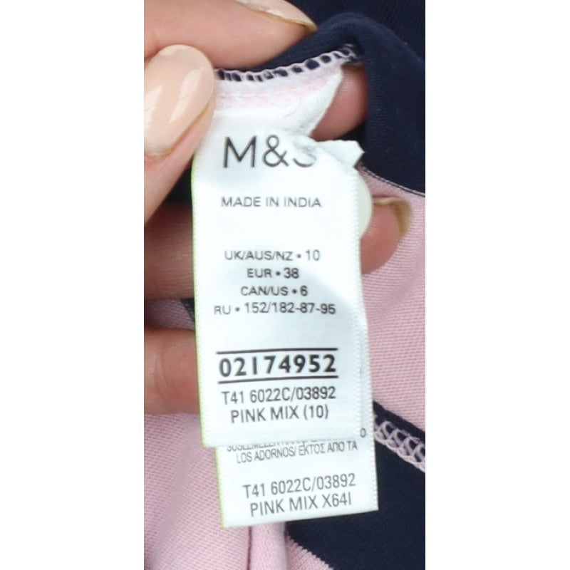 Marks and Spencer Women Pink Navy Stripe Rugby Polo Top UK 10 Long Sleeve