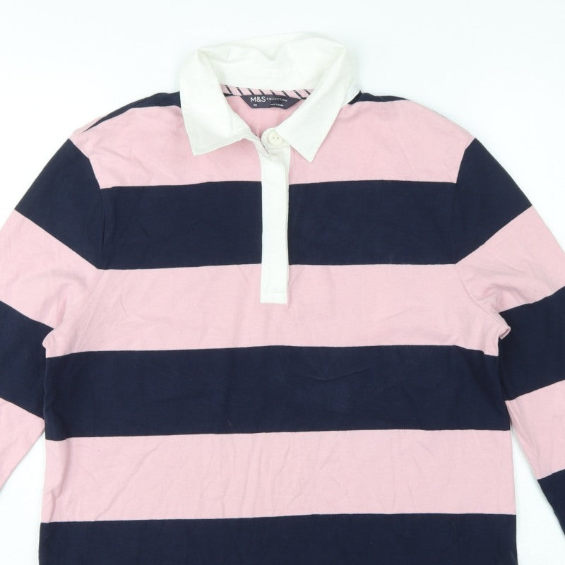 Marks and Spencer Women Pink Navy Stripe Rugby Polo Top UK 10 Long Sleeve
