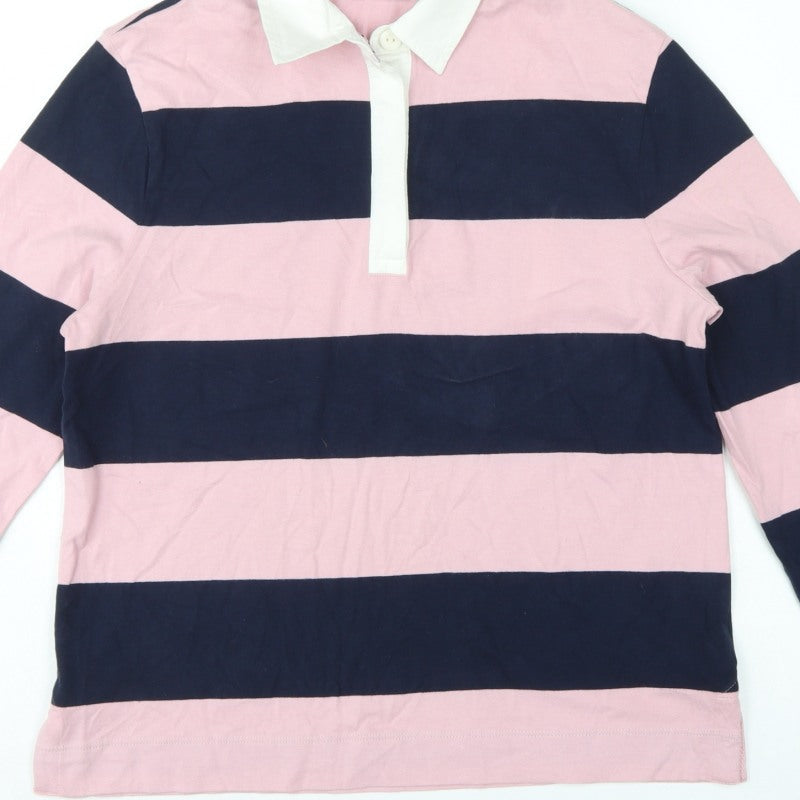 Marks and Spencer Women Pink Navy Stripe Rugby Polo Top UK 10 Long Sleeve