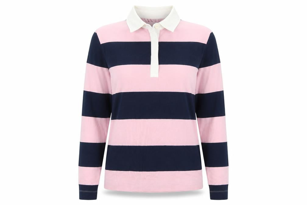 Marks and Spencer Women Pink Navy Stripe Rugby Polo Top UK 10 Long Sleeve