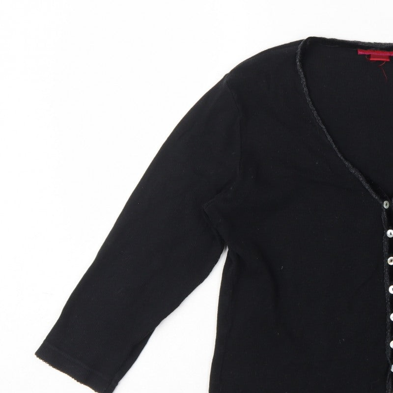 Monsoon Women Black UK 10 Jersey Button-Up V-Neck 3/4 Sleeve Cardigan