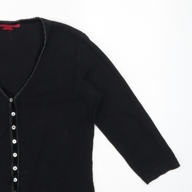 Monsoon Women Black UK 10 Jersey Button-Up V-Neck 3/4 Sleeve Cardigan