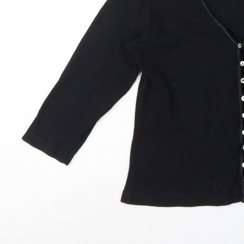 Monsoon Women Black UK 10 Jersey Button-Up V-Neck 3/4 Sleeve Cardigan