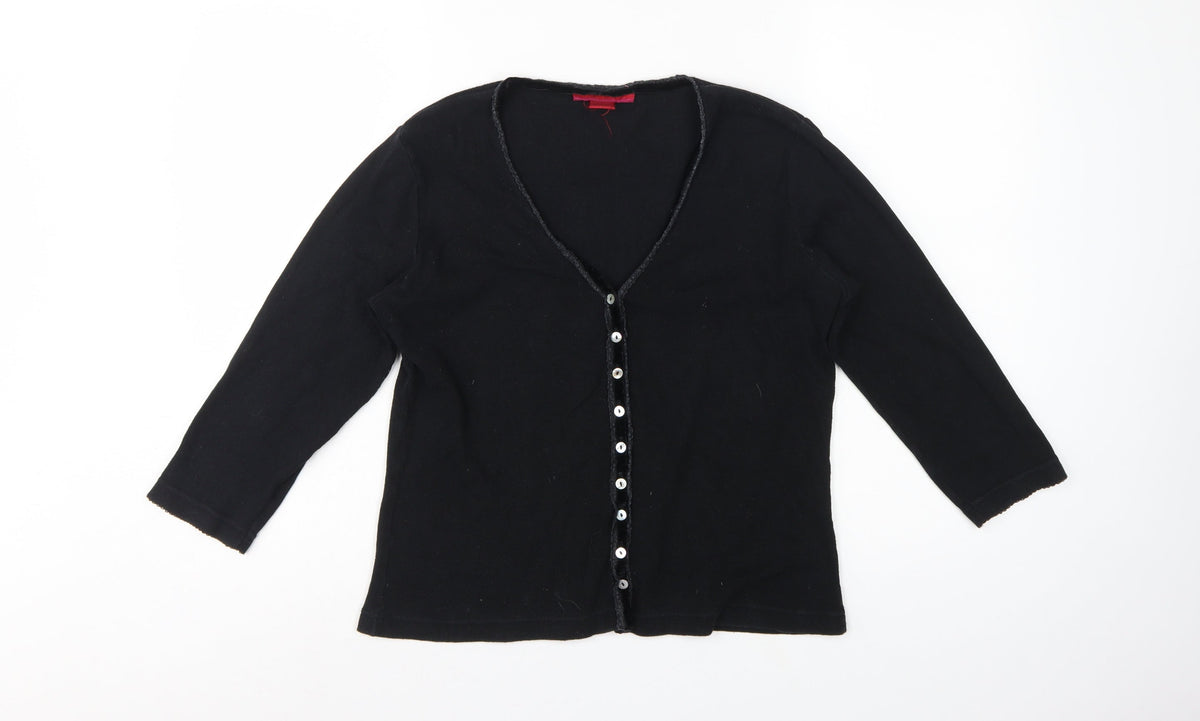 Monsoon Women Black UK 10 Jersey Button-Up V-Neck 3/4 Sleeve Cardigan