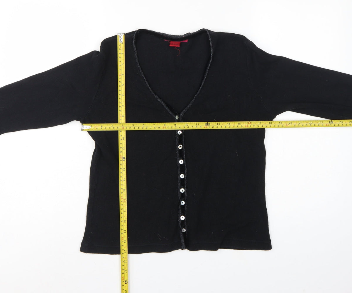 Monsoon Women Black UK 10 Jersey Button-Up V-Neck 3/4 Sleeve Cardigan