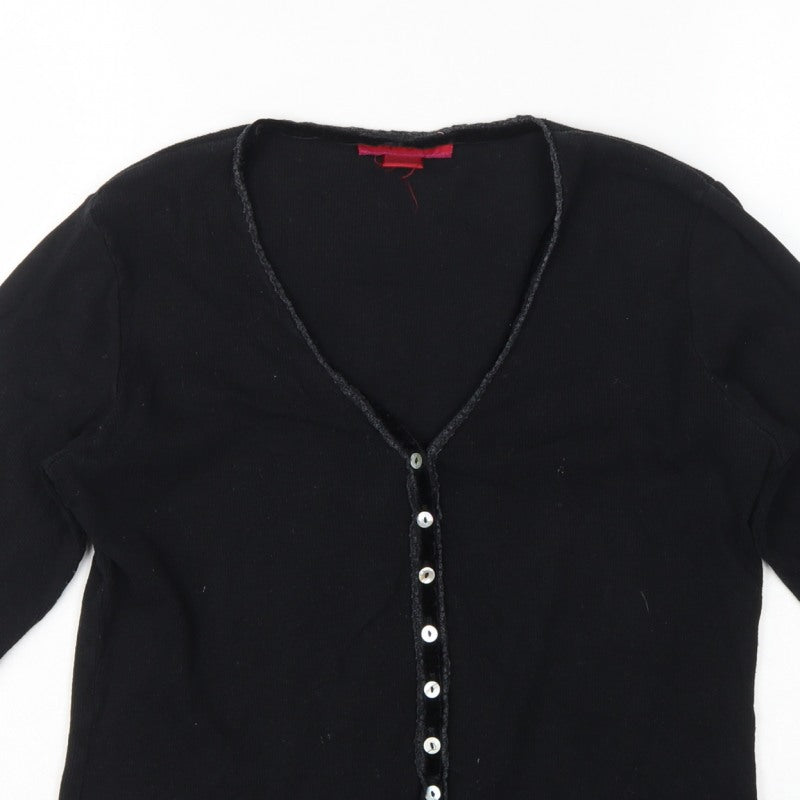 Monsoon Women Black UK 10 Jersey Button-Up V-Neck 3/4 Sleeve Cardigan