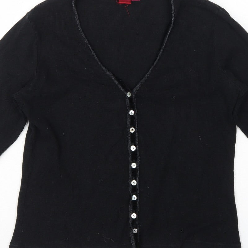 Monsoon Women Black UK 10 Jersey Button-Up V-Neck 3/4 Sleeve Cardigan