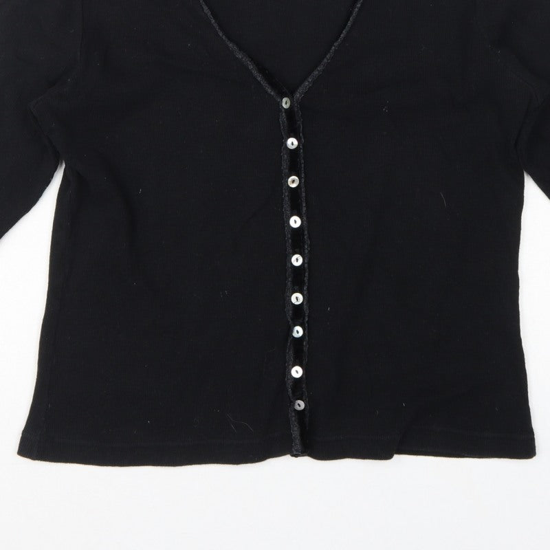 Monsoon Women Black UK 10 Jersey Button-Up V-Neck 3/4 Sleeve Cardigan