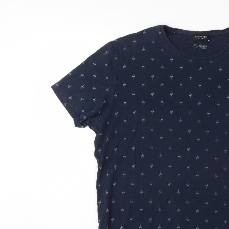 Selected Homme Men’s Blue XL Organic Cotton Floral Print T-Shirt