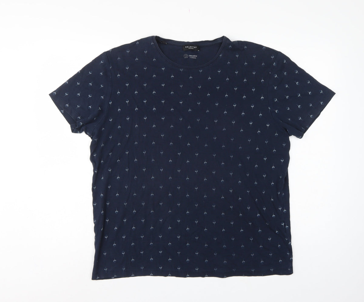 Selected Homme Men’s Blue XL Organic Cotton Floral Print T-Shirt
