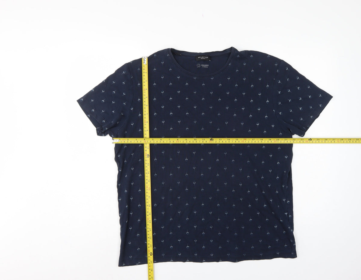 Selected Homme Men’s Blue XL Organic Cotton Floral Print T-Shirt