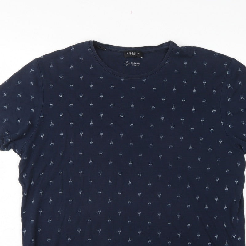Selected Homme Men’s Blue XL Organic Cotton Floral Print T-Shirt
