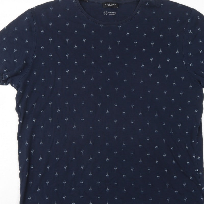 Selected Homme Men’s Blue XL Organic Cotton Floral Print T-Shirt