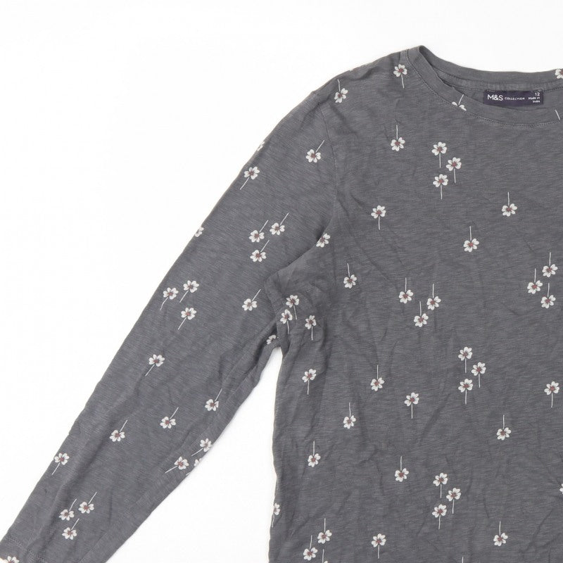 Marks and Spencer Women Grey Floral Pocket Jersey Top UK 12 Long Sleeve