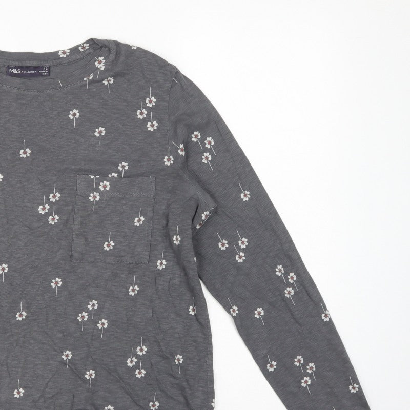 Marks and Spencer Women Grey Floral Pocket Jersey Top UK 12 Long Sleeve