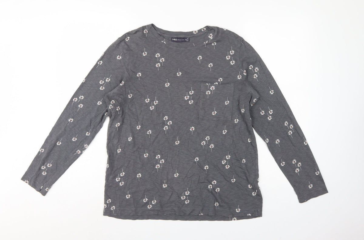 Marks and Spencer Women Grey Floral Pocket Jersey Top UK 12 Long Sleeve